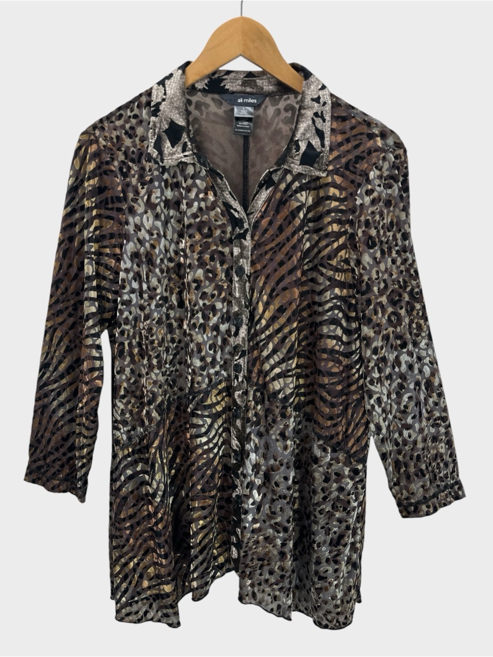 Ali Miles Velvet Burnout Animal Print Button Front Asymmetric Lagenlook Tunic L